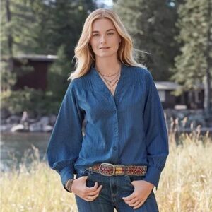 Sundance Adelia Top Blue Striped Cotton Long Sleeve Button Down Ruffle Shirt XS